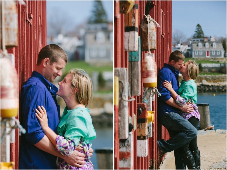 Engaged couple kiss in Rockport