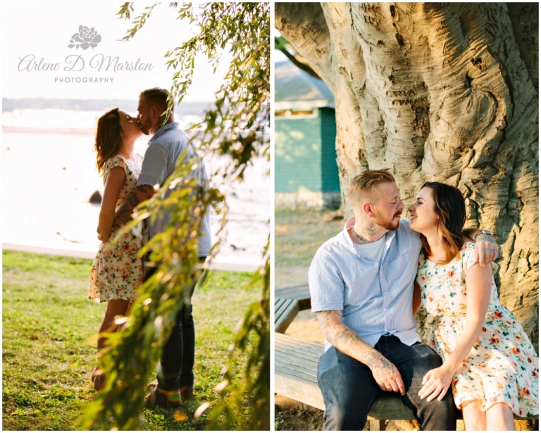 Engagement photoshoot with couple kissing at Salem Willows